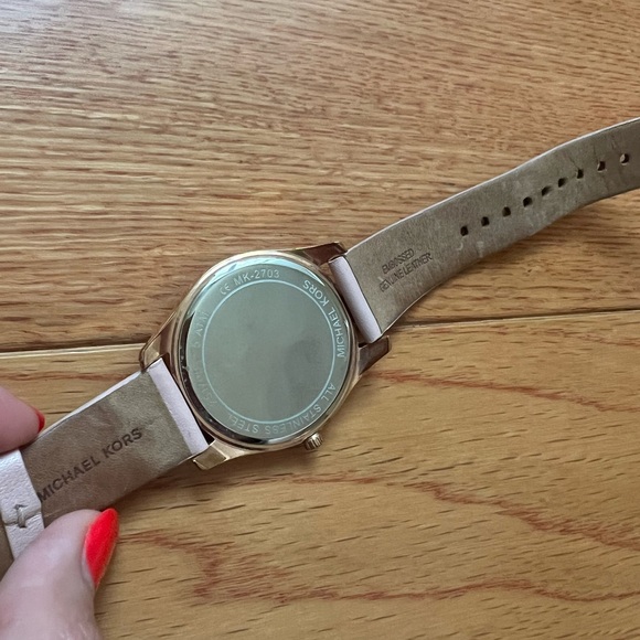 Michael Kors rose gold watch with quilted blush leather strap